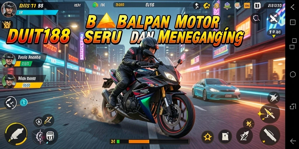 Screenshot menampilkan aksi balapan motor yang seru dari DUIT188.