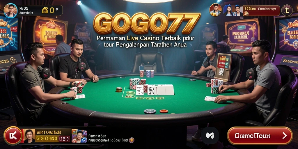 Screenshot permainan GOGO77 menunjukkan dealer live yang profesional dan gameplay yang menarik.