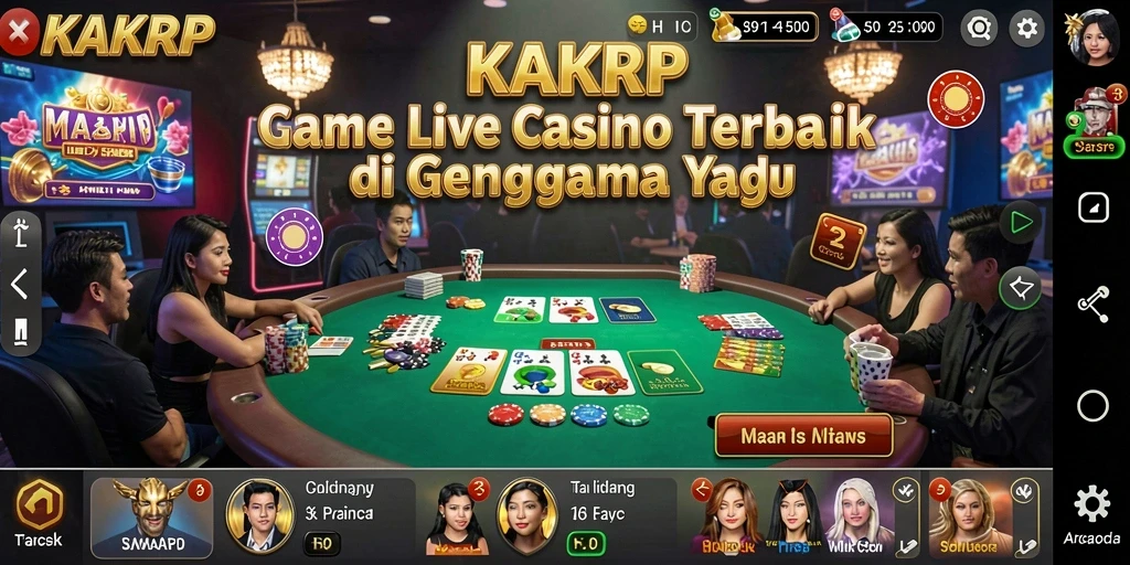 Screenshot gameplay KAKRP menampilkan dealer langsung dan suasana kasino yang hidup.