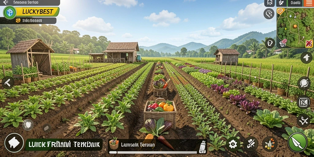 Tampilan gameplay <strong>LUCKYBEST</strong> dengan kebun yang subur dan tanaman yang beragam.