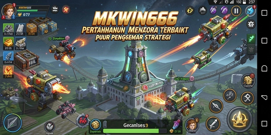 Screenshot utama MKWIN666 menampilkan aksi intens pertahanan menara.