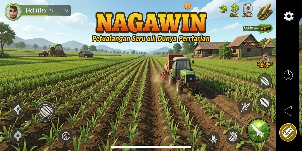 Screenshot NAGAWIN menampilkan pemain yang sedang bertani dengan suasana yang ceria.
