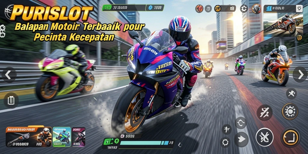 Screenshot gameplay PURISLOT menampilkan balapan motor yang menegangkan.