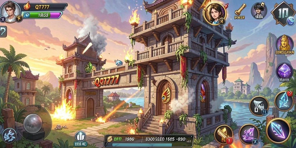 Tampilan gameplay QT777 dengan menara dan musuh yang mendebarkan.
