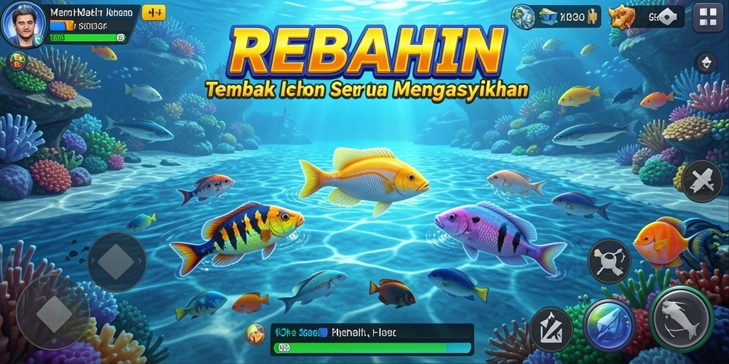 Tampilan gameplay menarik dari REBAHIN dengan aksi Tembak Ikan.