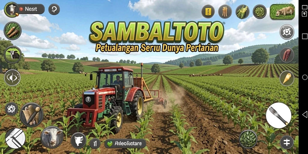 Screenshot utama SAMBALTOTO menampilkan aktivitas bertani yang seru.